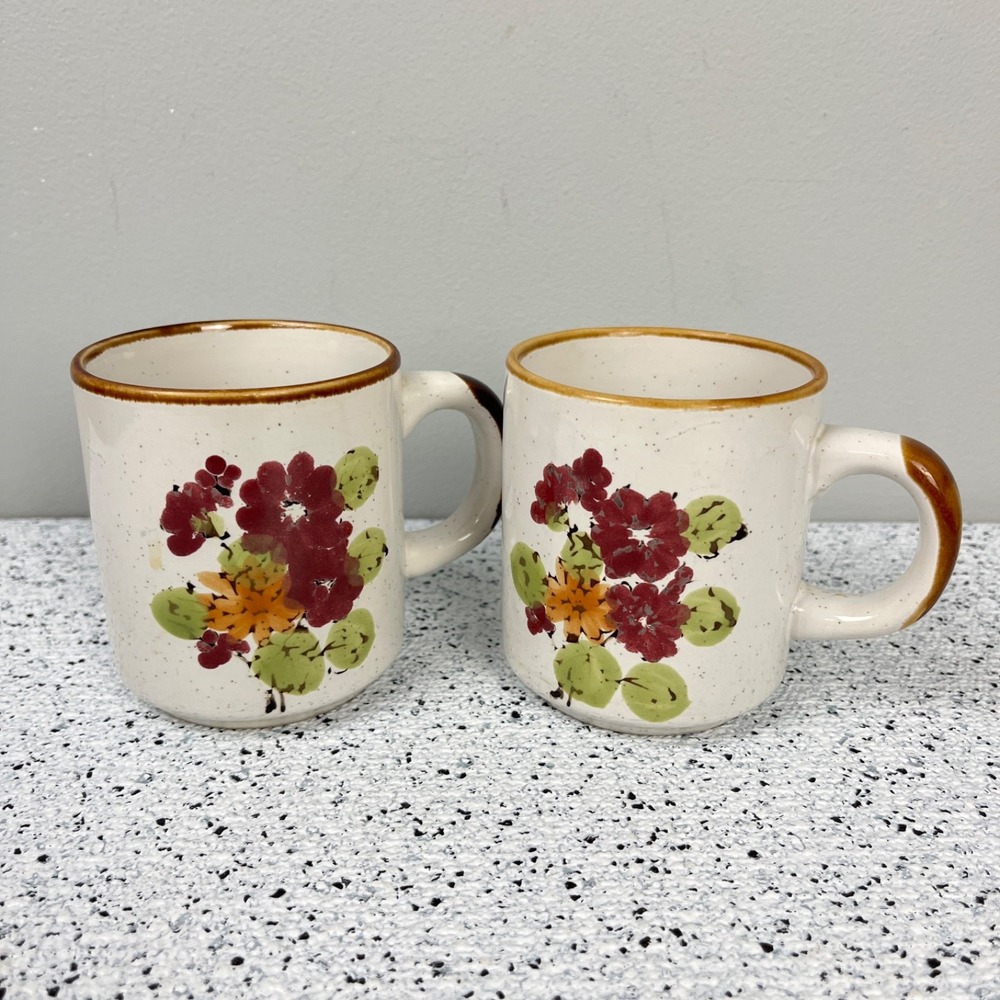 Stoneware Speckled Floral Flower Mugs Japan 10oz Vintage Cottagecore Set of 2